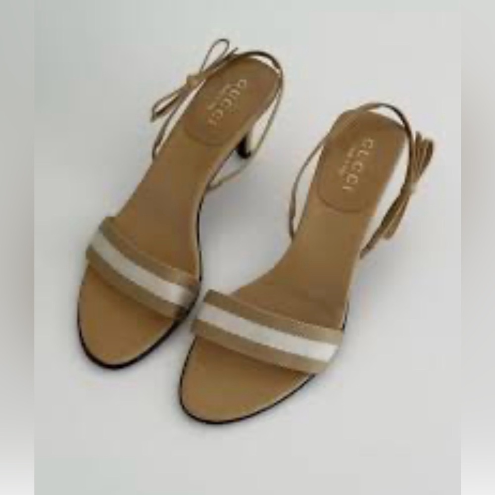 Gucci tan/white heeled sandal. Size 37.5. Worn twice-excellent condition